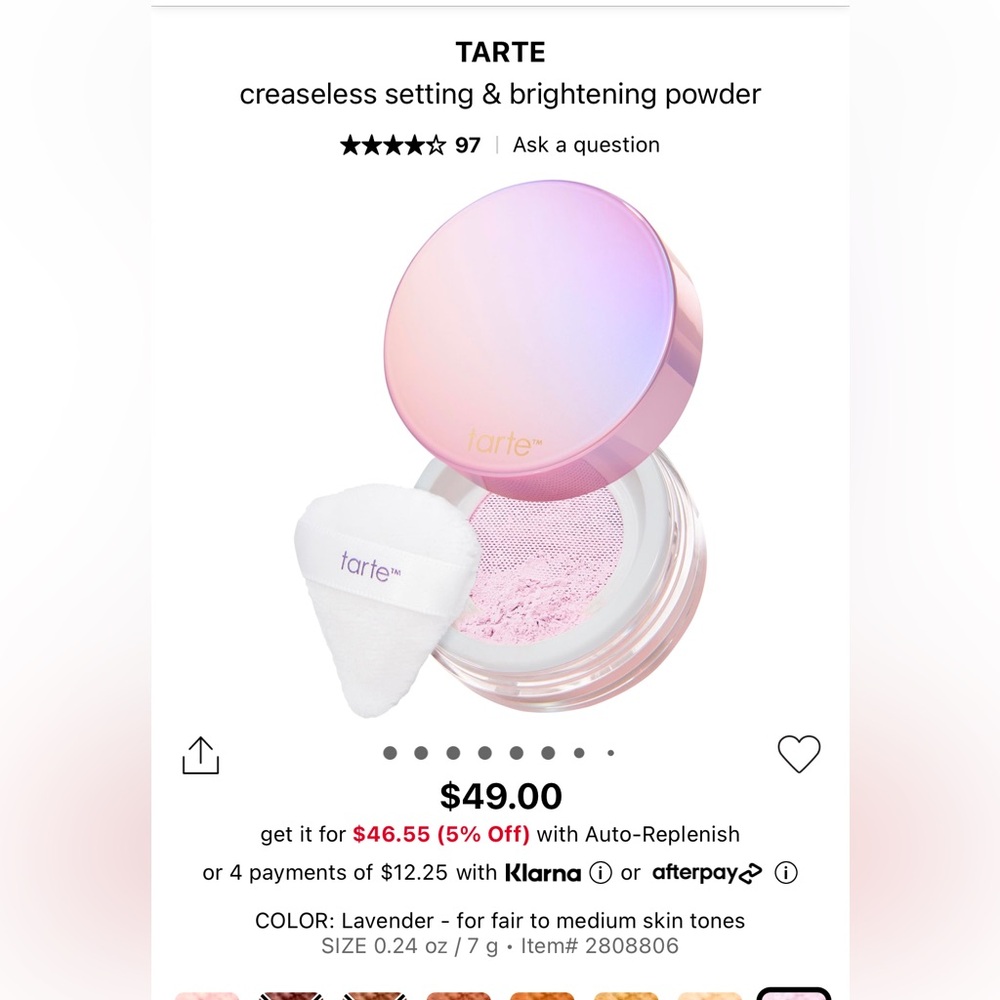 Brand new tarte creaseless settling powder in lavender